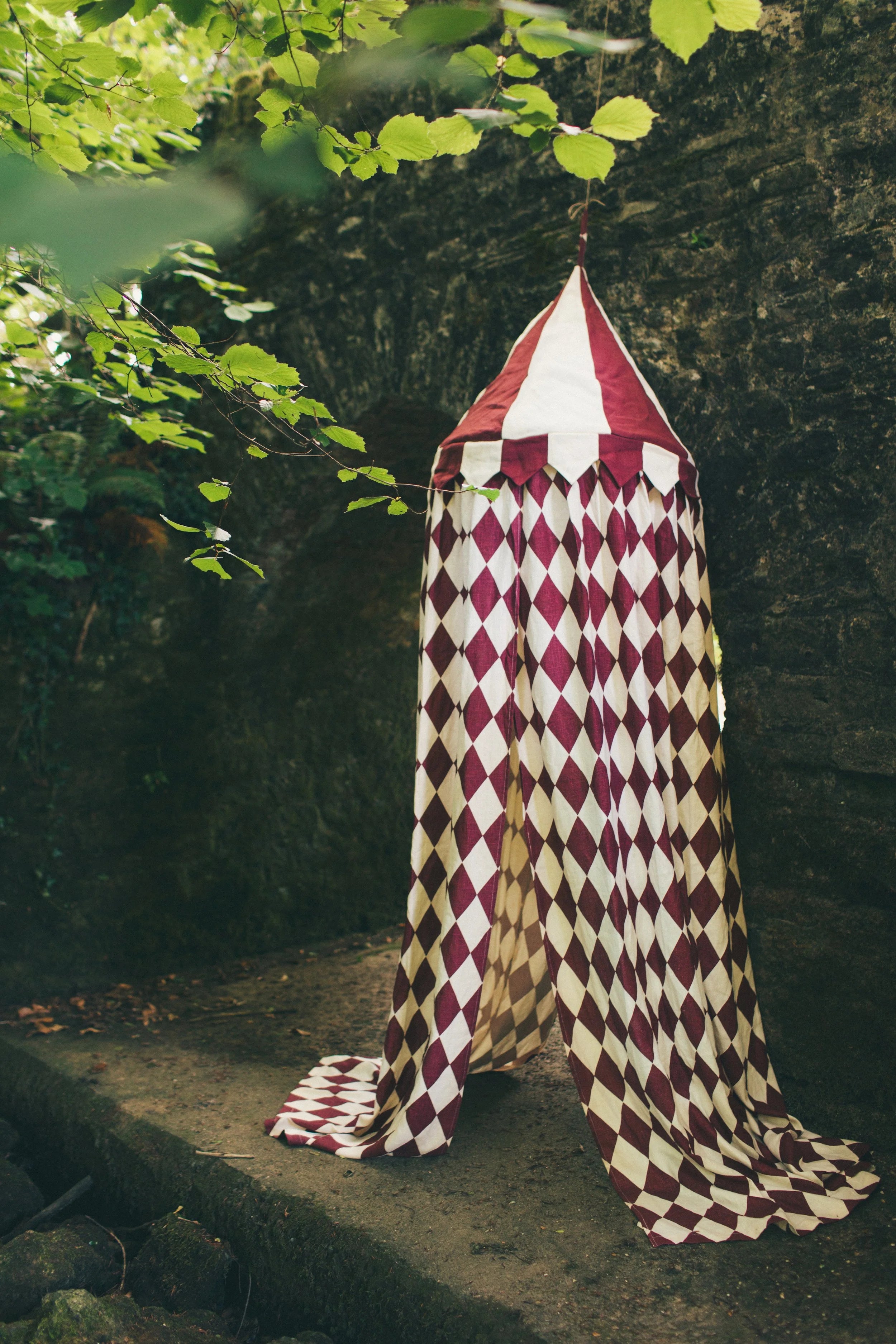 Harlequin canopy, claret and cream